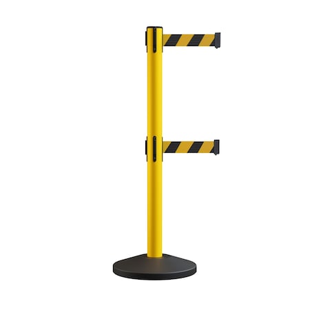 Montour Line Retractable Dbl Belt Rolling Stanchion, 2.5in YW Post 11' Blk/Ye Belt ES400D-YW-BYD-110